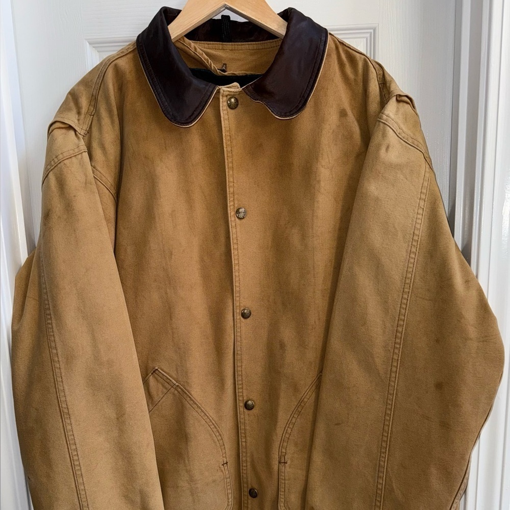 Vintage Woolrich Chore Coat Cotton Mens L Tan Leather Collar Removable Fleece - Picture 1 of 12
